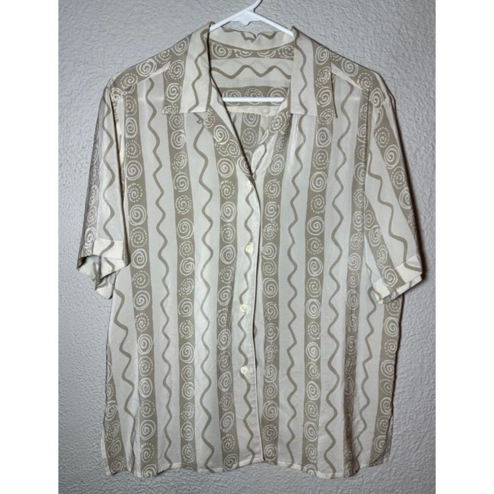 VTG Y2K 100% Silk Tan‎ Beige Abstract Patterned Short Sleeve Button Shirt S/M